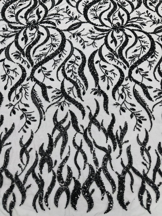 FIRE  -  Designs Embroider with Sequins and Heavy Beaded on a Mesh Lace Fabric - Sold By The Yard - BLACK