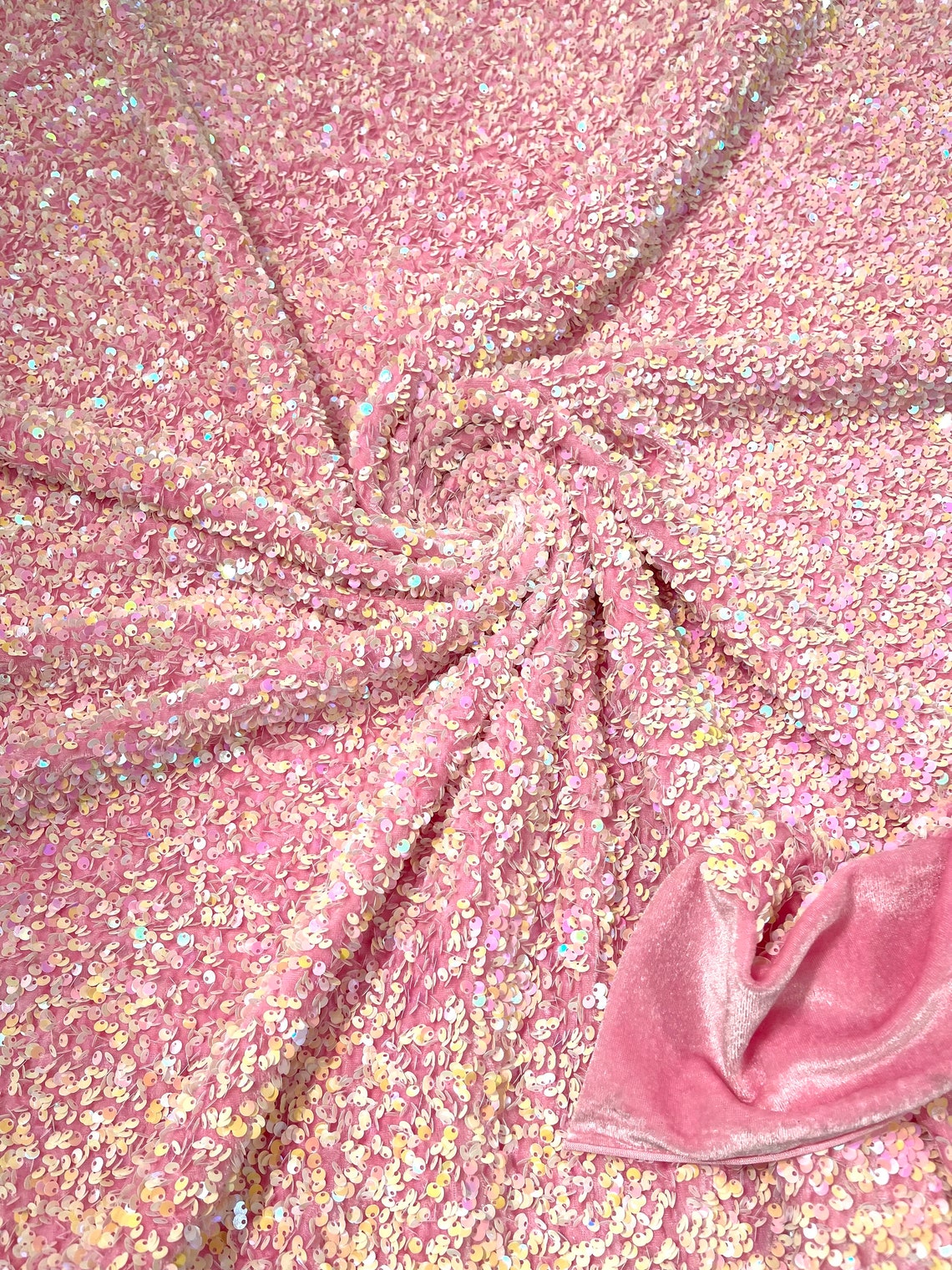 SEQUIN VELVET - Sequins on a Stretch Velvet 2-Way Stretch Sold By The Yard. PEARL PINK - For Fashion Dress Evening Dress Prom Quinceanera