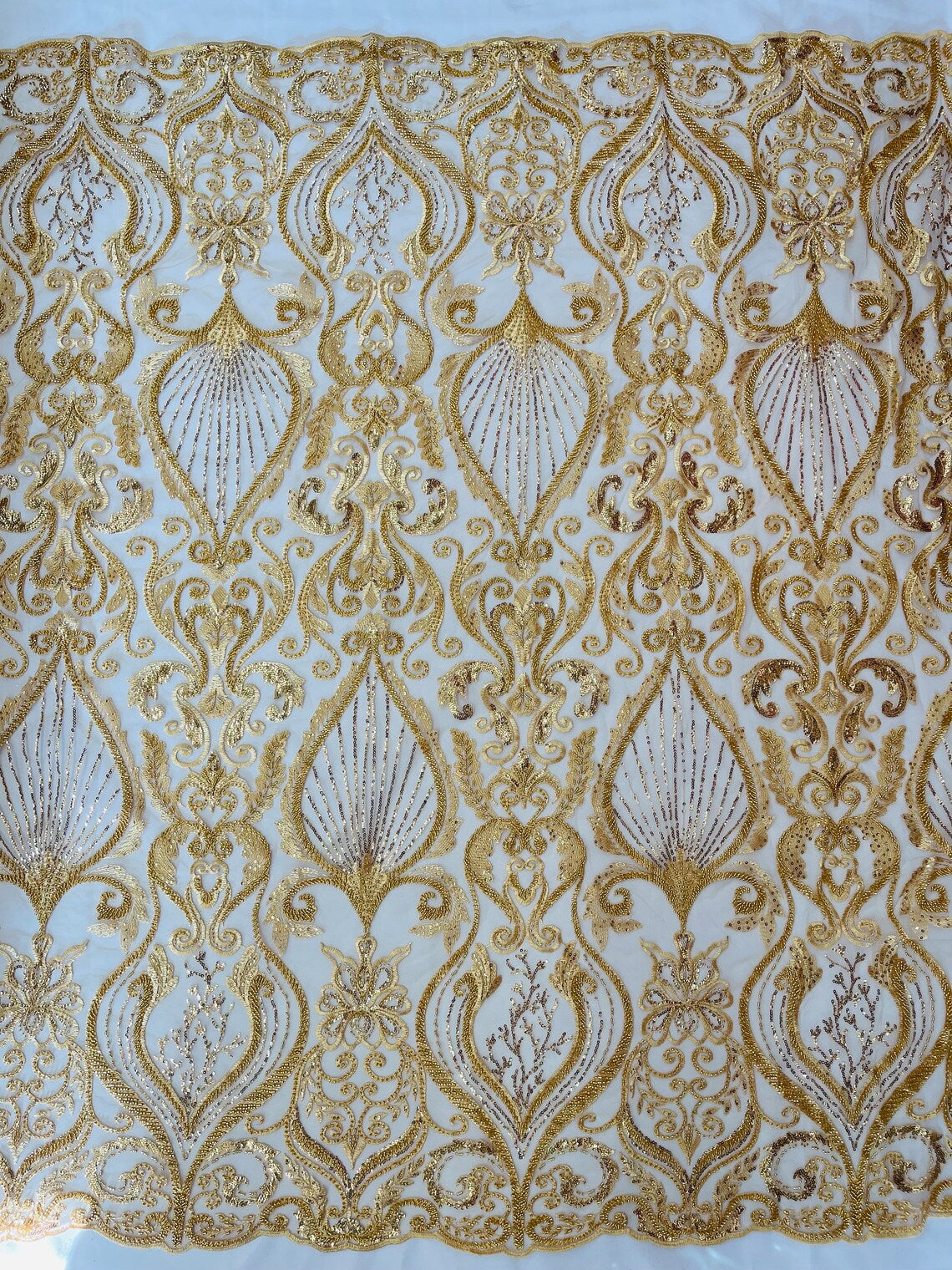 HEART  -  Designs Embroider with Sequins and Heavy Beaded on a Mesh Lace Fabric - Sold By The Yard - GOLD