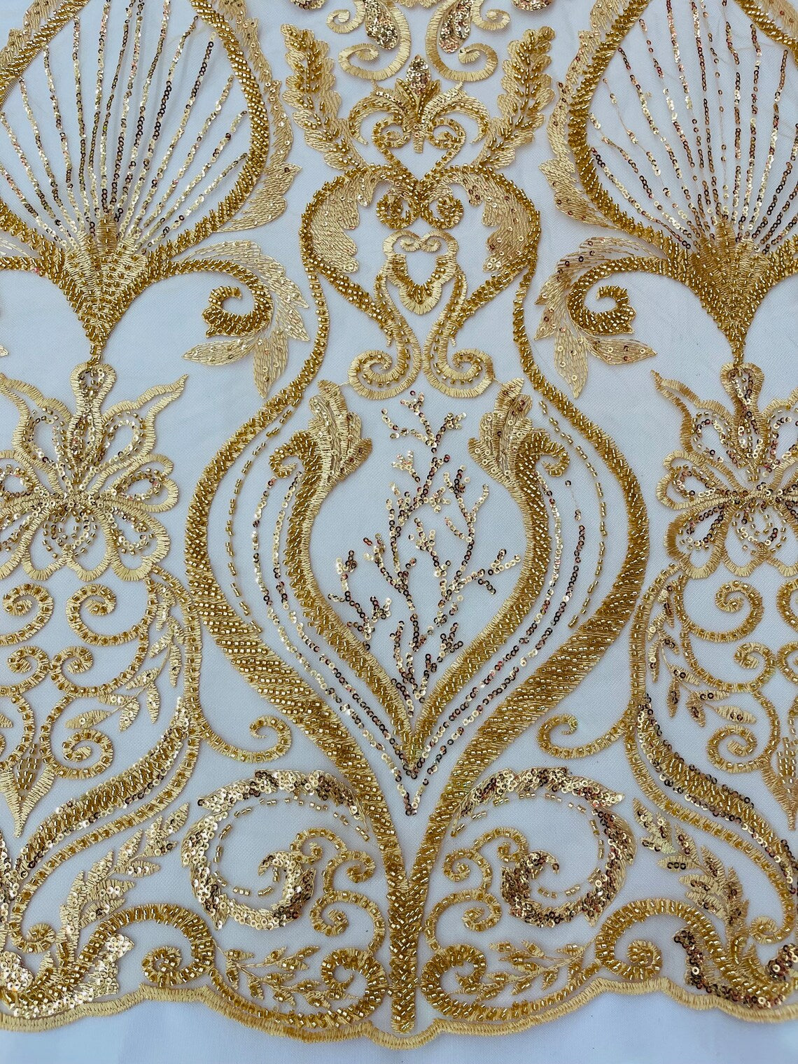 HEART  -  Designs Embroider with Sequins and Heavy Beaded on a Mesh Lace Fabric - Sold By The Yard - GOLD