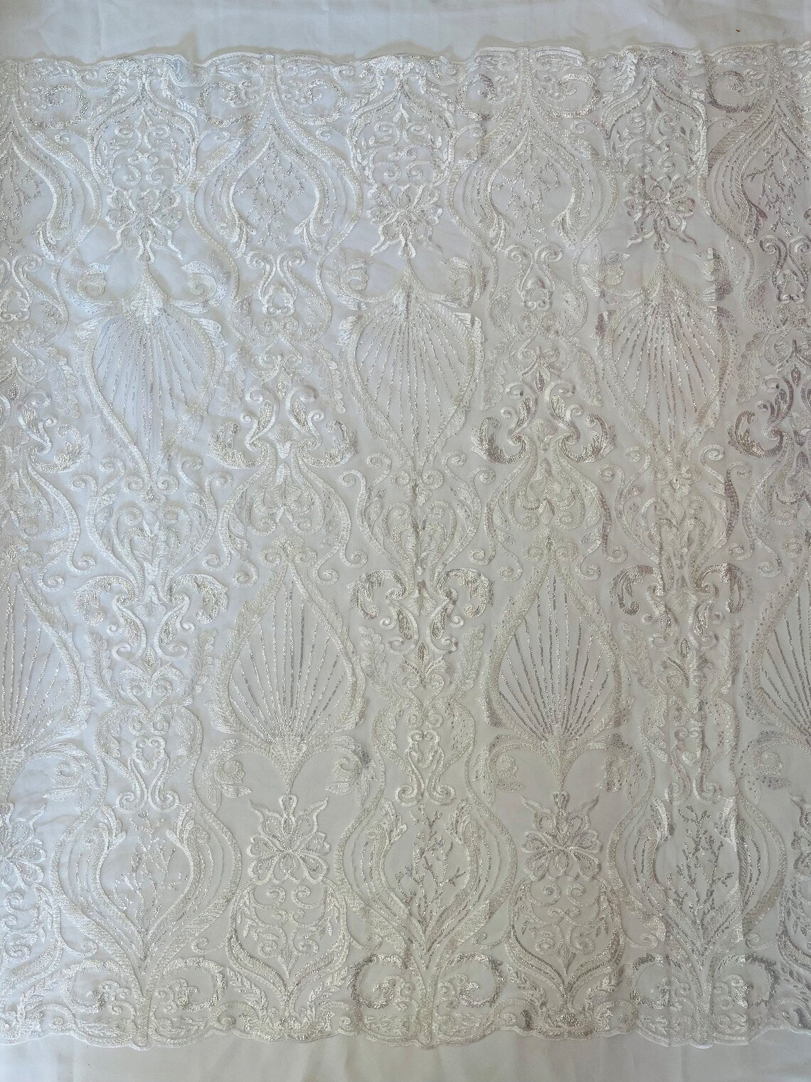 HEART  -  Designs Embroider with Sequins and Heavy Beaded on a Mesh Lace Fabric - Sold By The Yard - WHITE