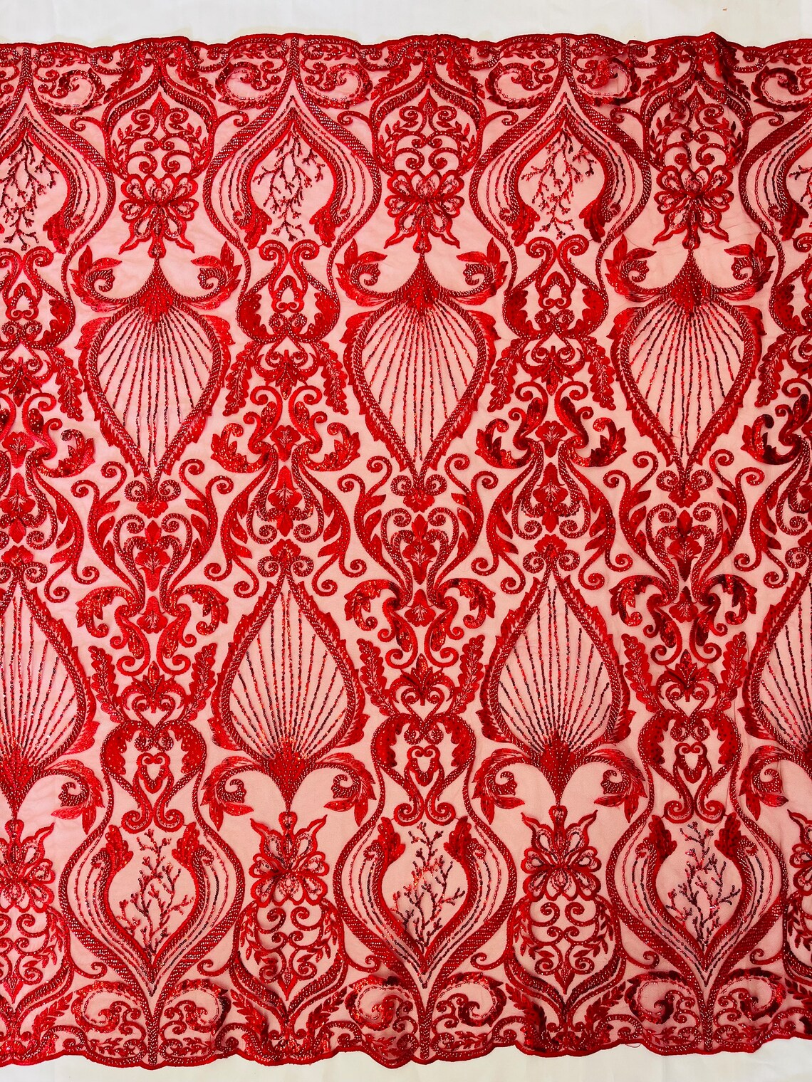 HEART  -  Designs Embroider with Sequins and Heavy Beaded on a Mesh Lace Fabric - Sold By The Yard - RED