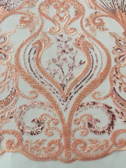 HEART  -  Designs Embroider with Sequins and Heavy Beaded on a Mesh Lace Fabric - Sold By The Yard - BLUSH