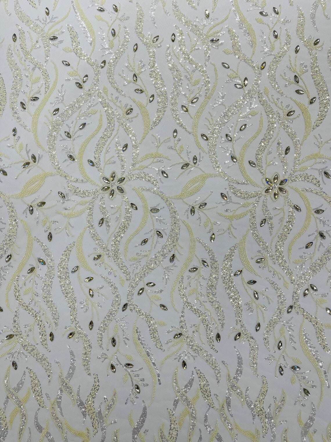 FIRE  -  Designs Embroider with Sequins and Heavy Beaded on a Mesh Lace Fabric - Sold By The Yard - IVORY