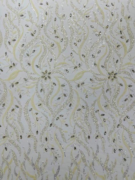 FIRE  -  Designs Embroider with Sequins and Heavy Beaded on a Mesh Lace Fabric - Sold By The Yard - IVORY