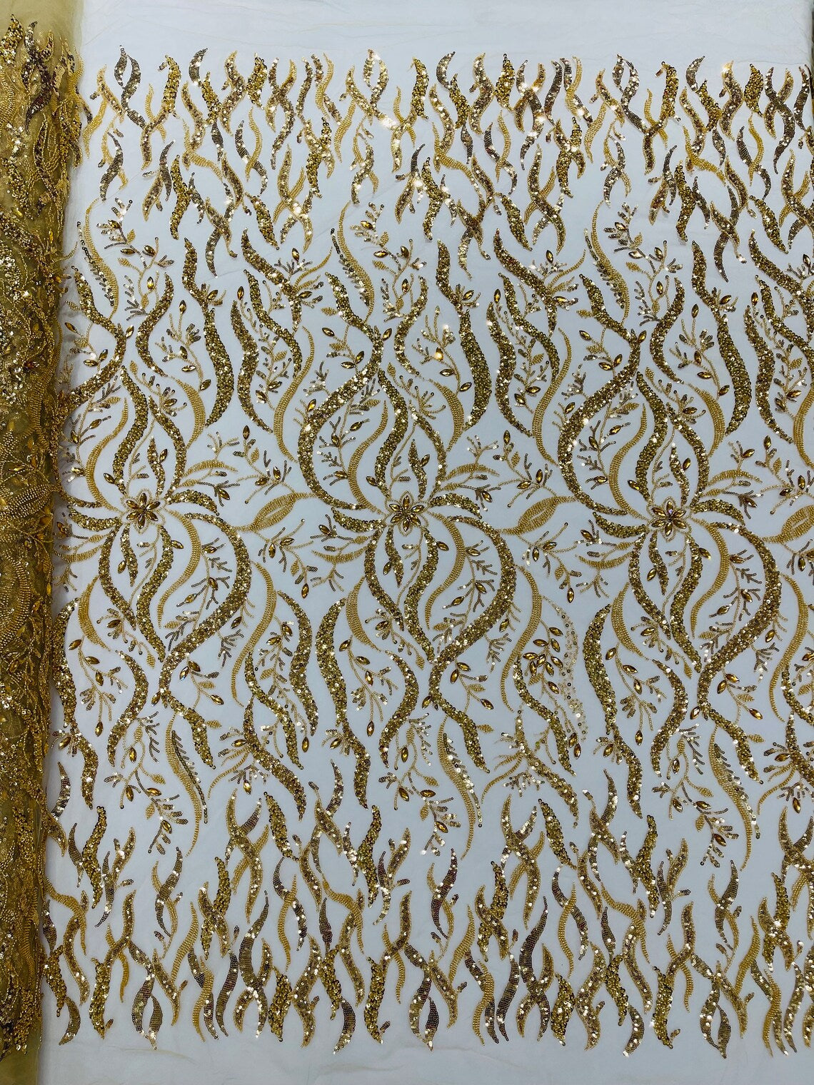 FIRE  -  Designs Embroider with Sequins and Heavy Beaded on a Mesh Lace Fabric - Sold By The Yard - GOLD