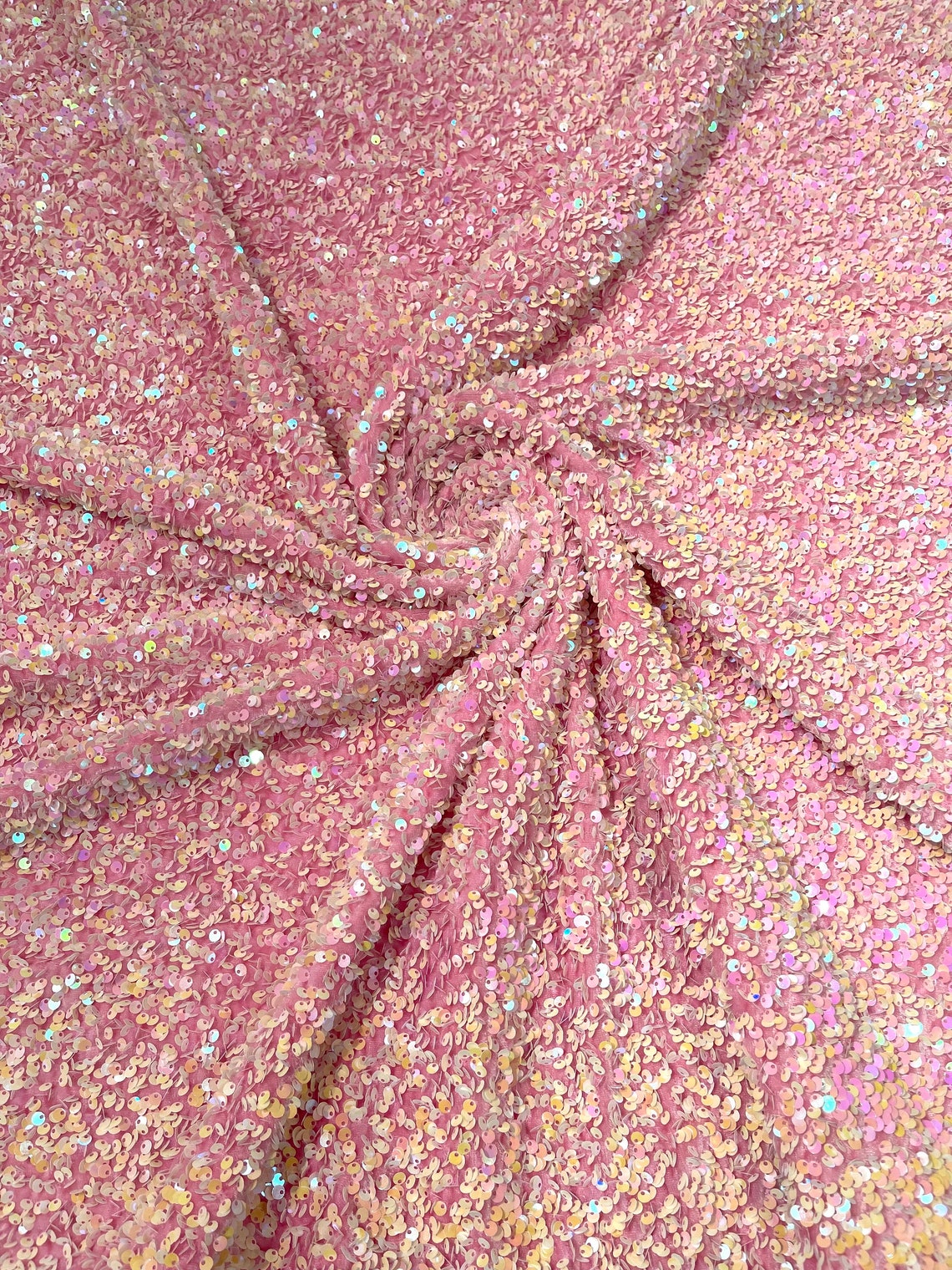 SEQUIN VELVET - Sequins on a Stretch Velvet 2-Way Stretch Sold By The Yard. PEARL PINK - For Fashion Dress Evening Dress Prom Quinceanera