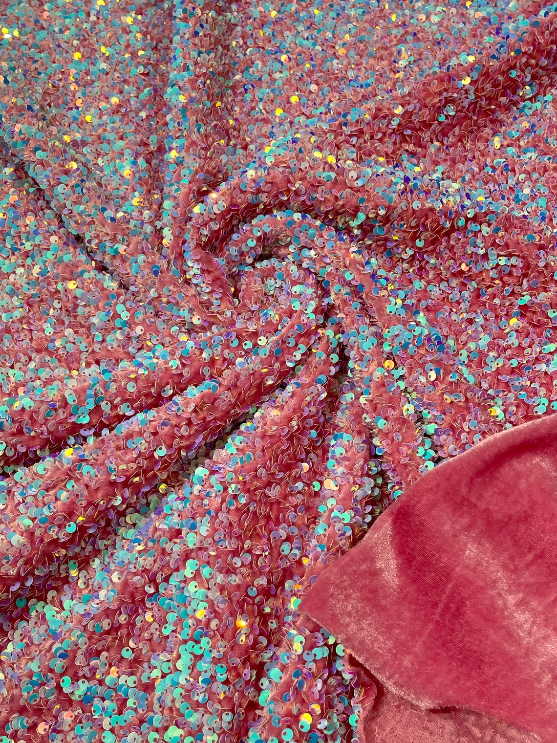 SEQUIN VELVET - Sequins on a Stretch Velvet 2-Way Stretch Sold By The Yard. AQUA PINK - For Fashion Dress Evening Dress Prom Quinceanera