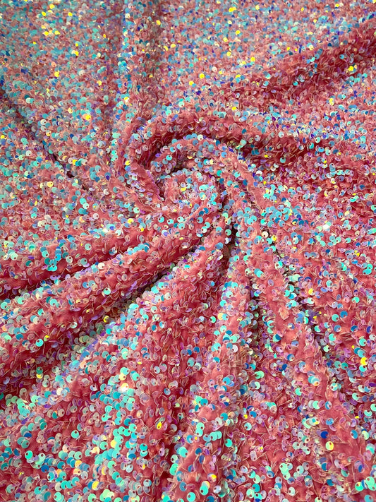 SEQUIN VELVET - Sequins on a Stretch Velvet 2-Way Stretch Sold By The Yard. AQUA PINK - For Fashion Dress Evening Dress Prom Quinceanera