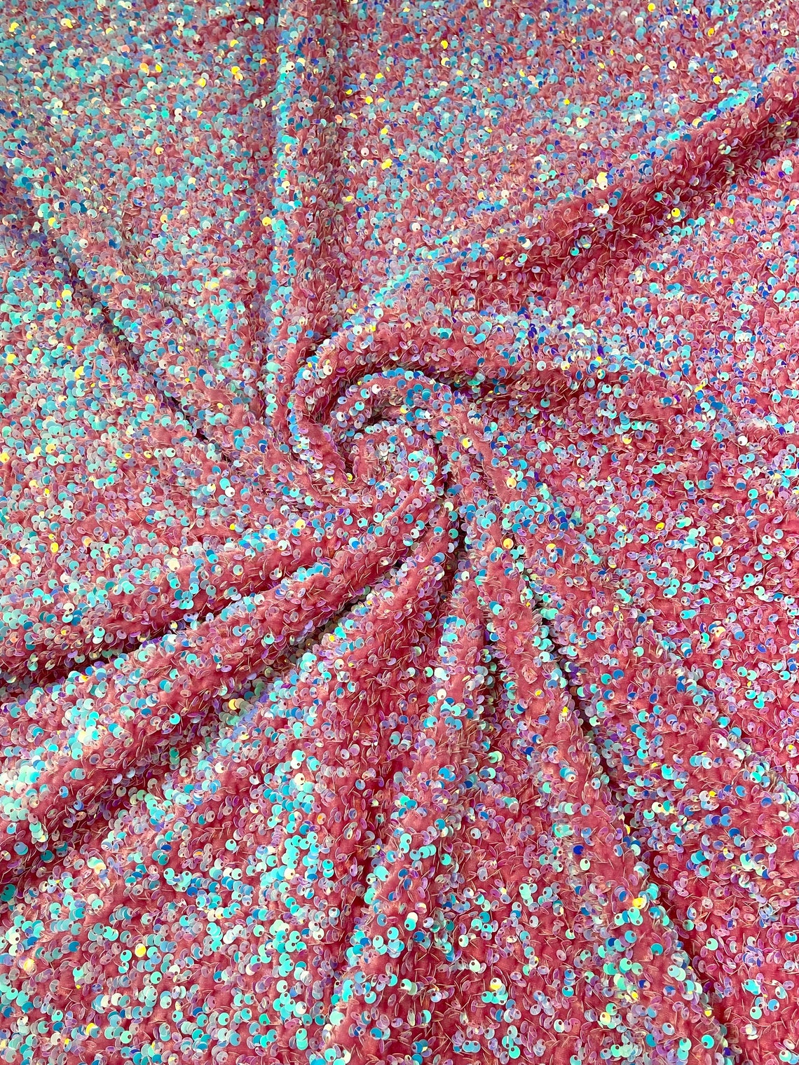 SEQUIN VELVET - Sequins on a Stretch Velvet 2-Way Stretch Sold By The Yard. AQUA PINK - For Fashion Dress Evening Dress Prom Quinceanera