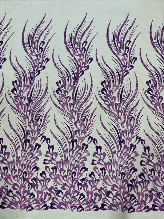 FEATHER  -  Designs Embroider with Sequins and Heavy Beaded on a Mesh Lace Fabric - Sold By The Yard - LAVENDER