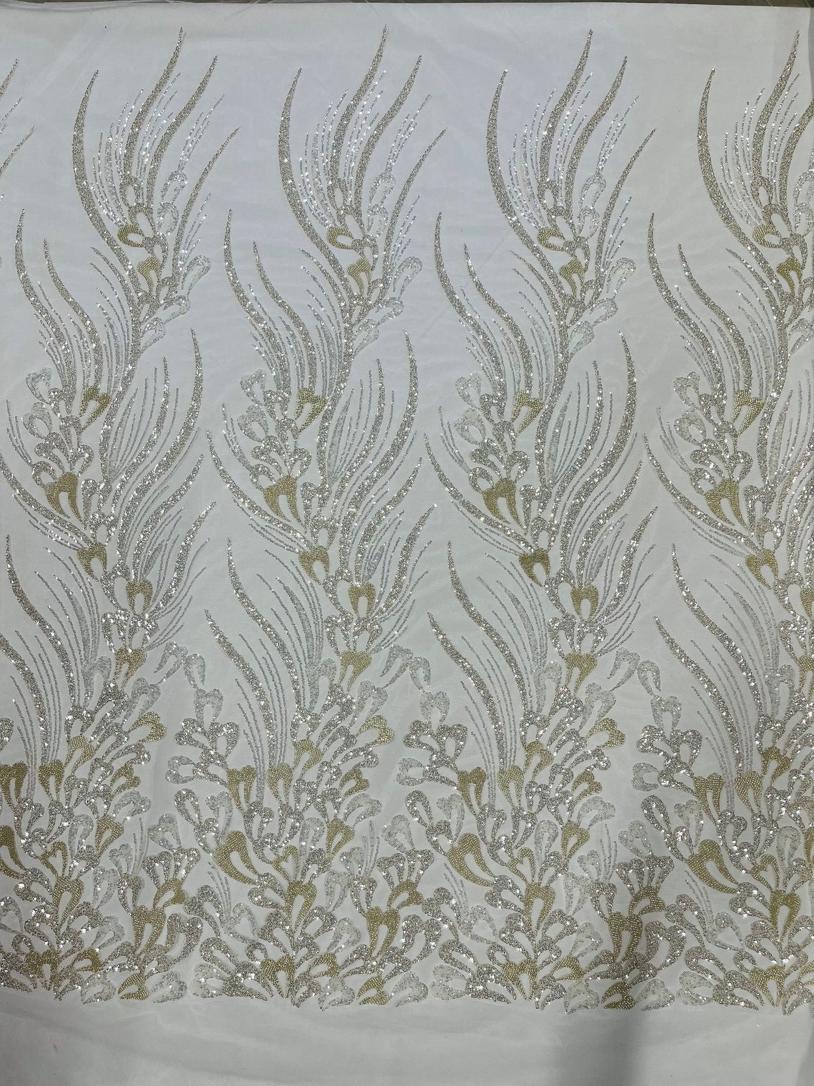 FEATHER  -  Designs Embroider with Sequins and Heavy Beaded on a Mesh Lace Fabric - Sold By The Yard - IVORY