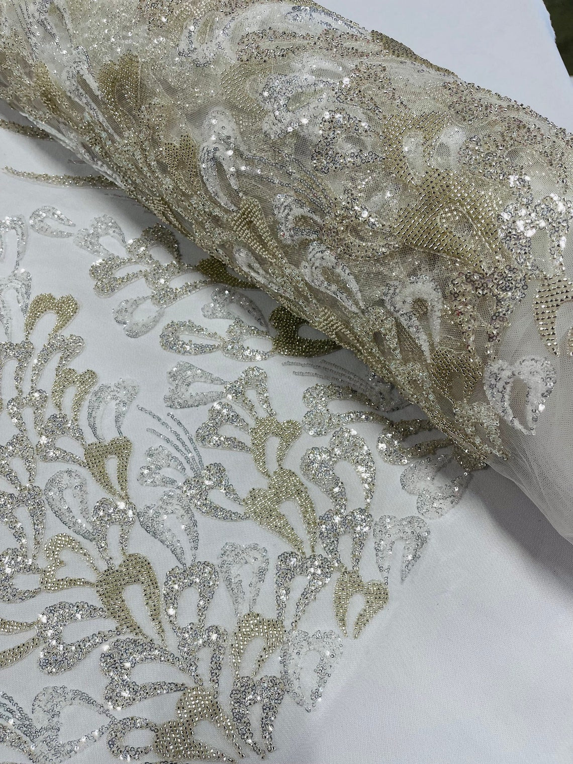 FEATHER  -  Designs Embroider with Sequins and Heavy Beaded on a Mesh Lace Fabric - Sold By The Yard - IVORY