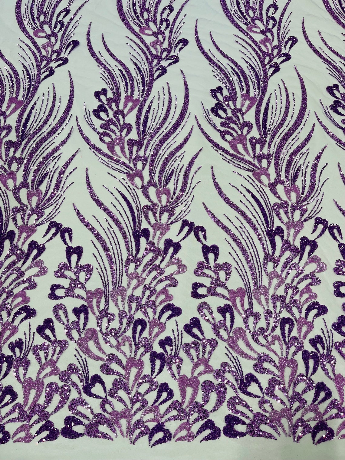 FEATHER  -  Designs Embroider with Sequins and Heavy Beaded on a Mesh Lace Fabric - Sold By The Yard - LAVENDER