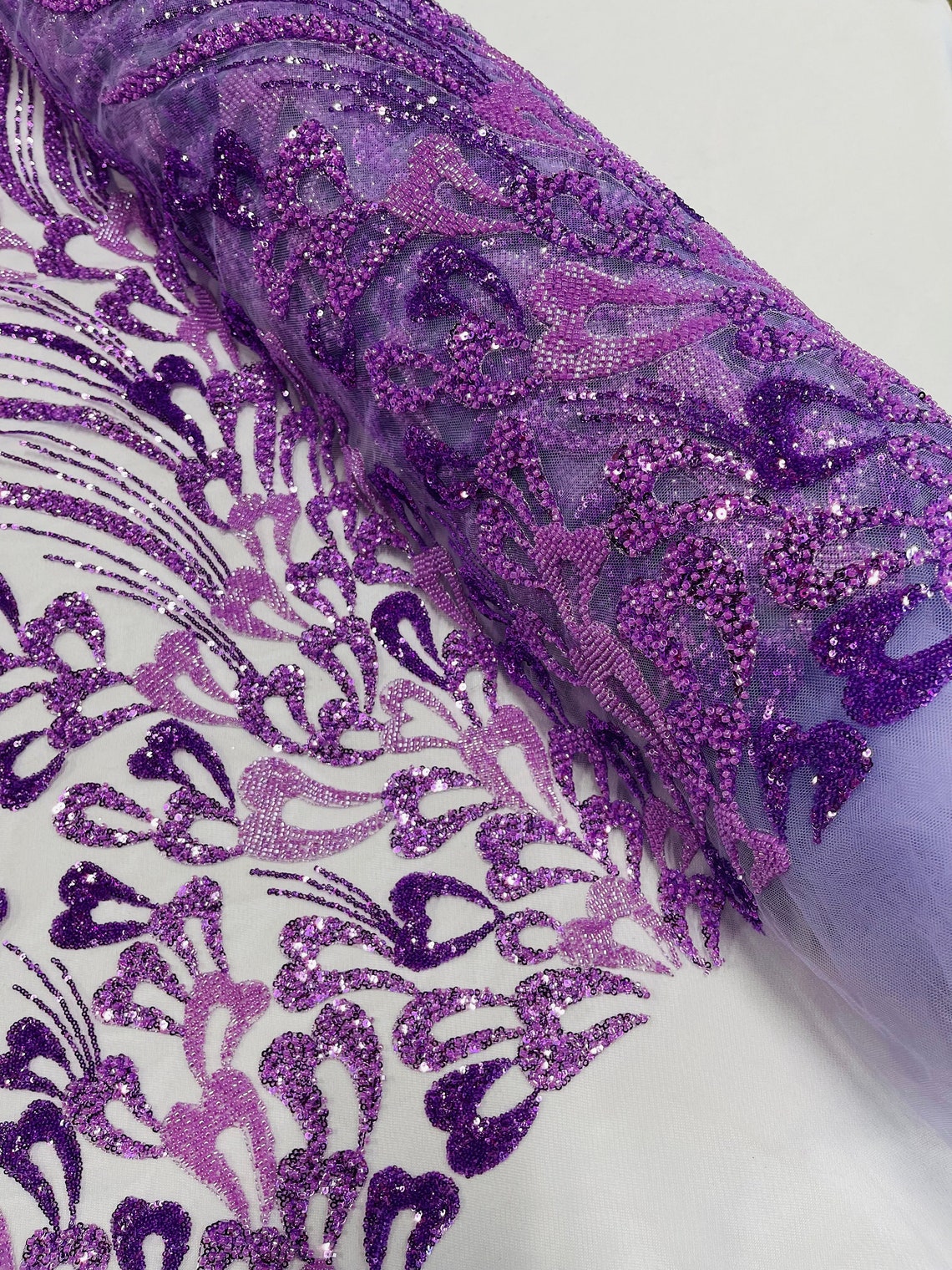 FEATHER  -  Designs Embroider with Sequins and Heavy Beaded on a Mesh Lace Fabric - Sold By The Yard - LAVENDER