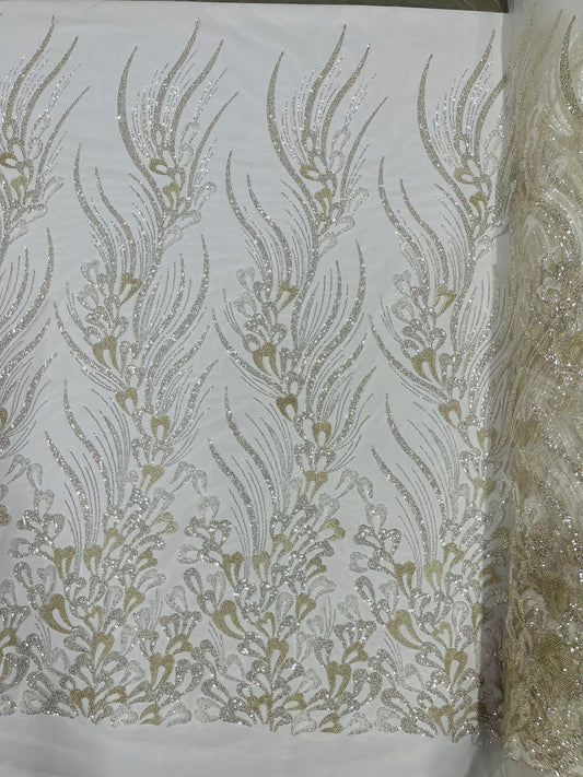 FEATHER  -  Designs Embroider with Sequins and Heavy Beaded on a Mesh Lace Fabric - Sold By The Yard - IVORY