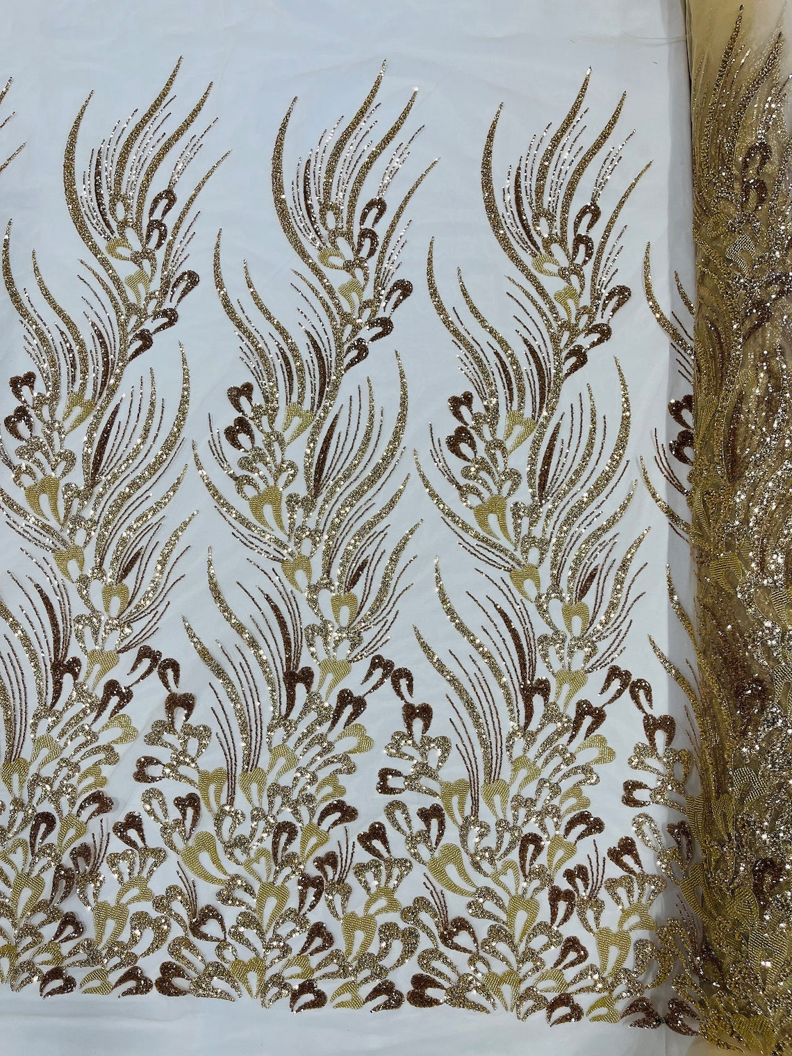 FEATHER  -  Designs Embroider with Sequins and Heavy Beaded on a Mesh Lace Fabric - Sold By The Yard - GOLD