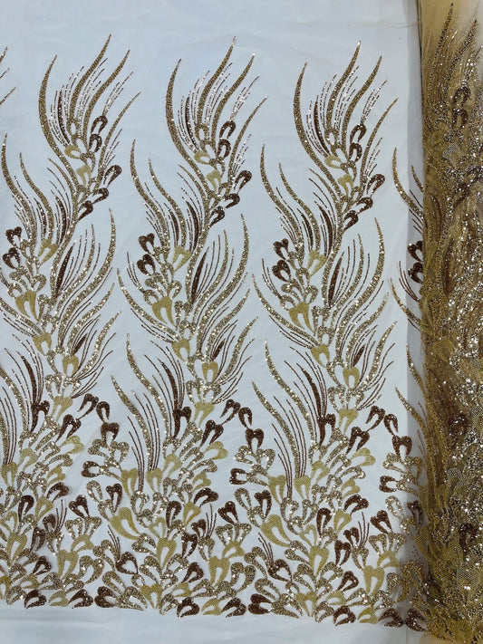 FEATHER  -  Designs Embroider with Sequins and Heavy Beaded on a Mesh Lace Fabric - Sold By The Yard - GOLD