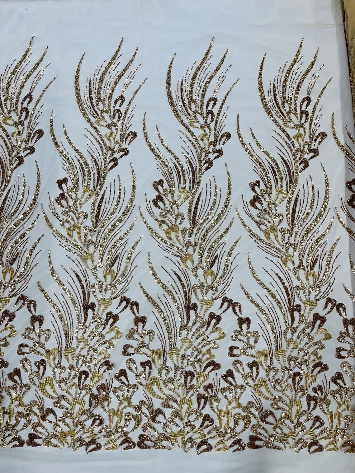 FEATHER  -  Designs Embroider with Sequins and Heavy Beaded on a Mesh Lace Fabric - Sold By The Yard - GOLD