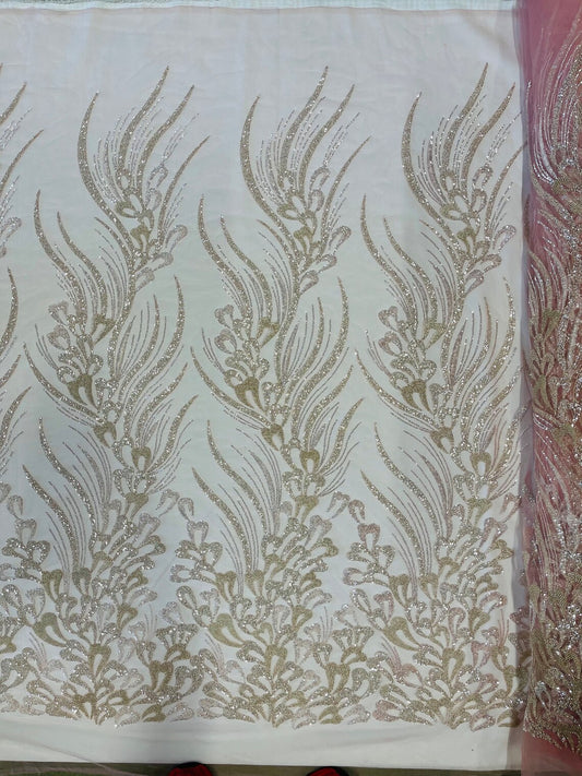 FEATHER  -  Designs Embroider with Sequins and Heavy Beaded on a Mesh Lace Fabric - Sold By The Yard - CLEAR PINK