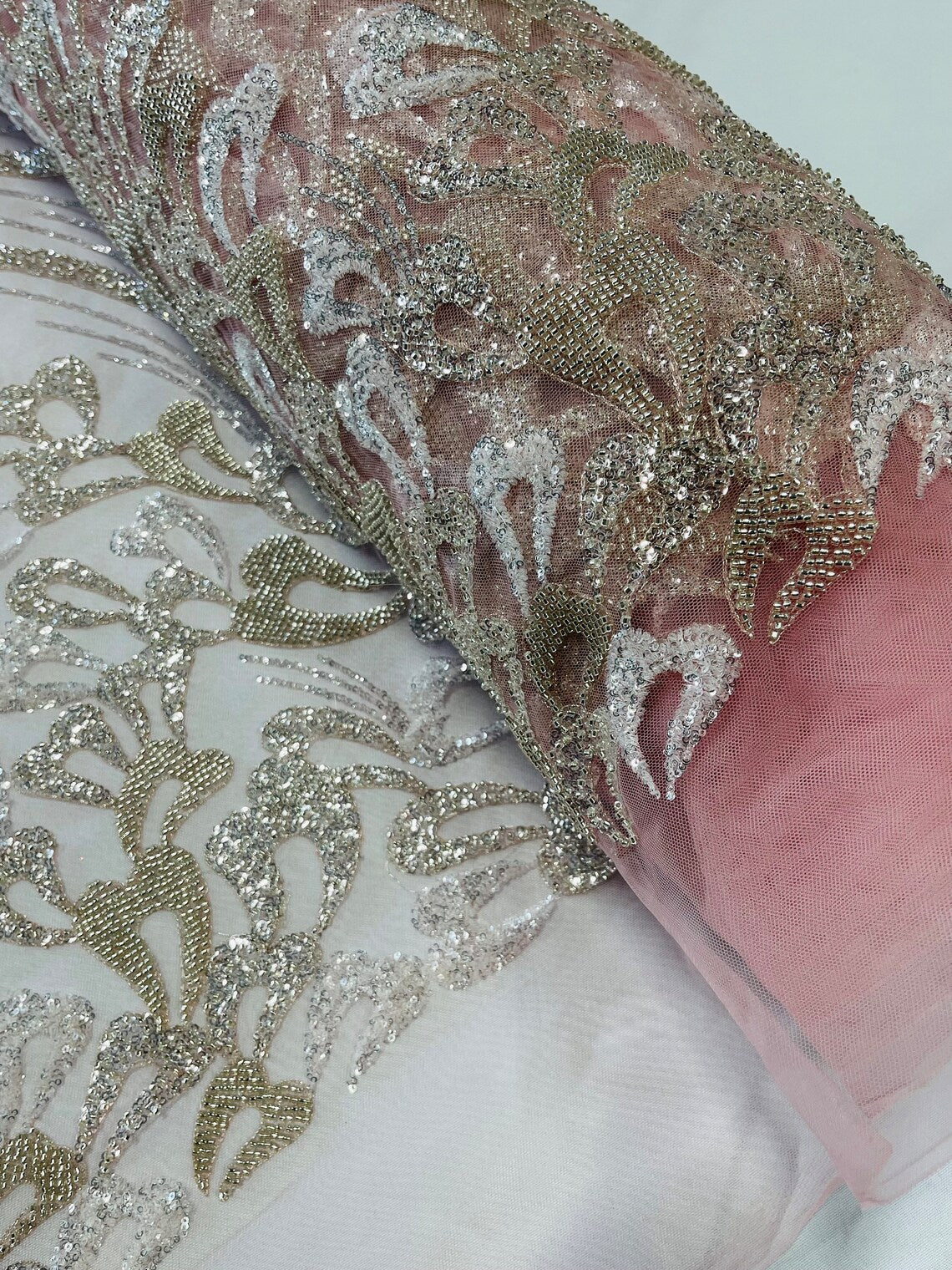 FEATHER  -  Designs Embroider with Sequins and Heavy Beaded on a Mesh Lace Fabric - Sold By The Yard - CLEAR PINK