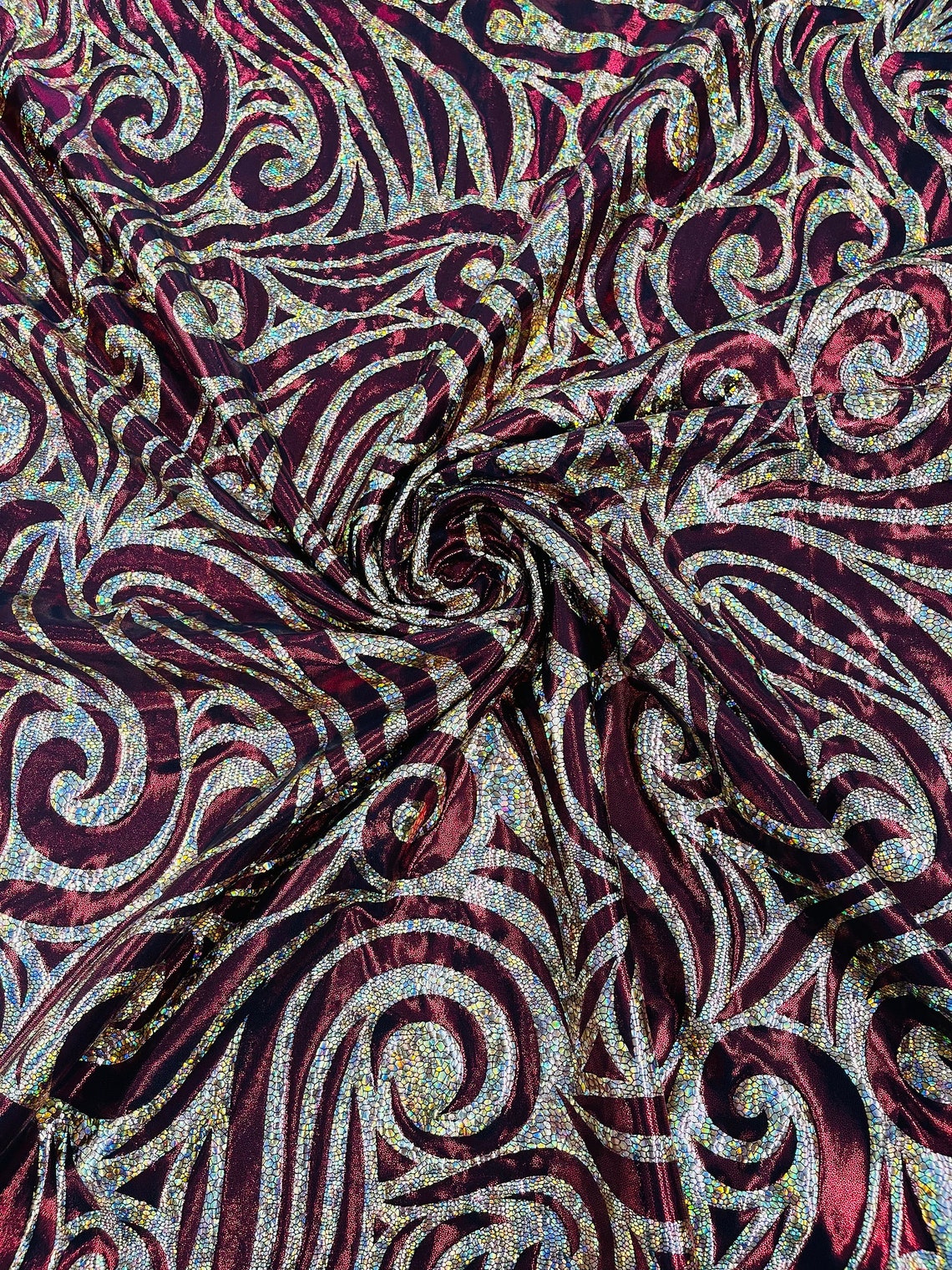 FLAME - Print Poly Spandex Fabric 4 Way Stretch - Sold By The Yard - BURGUNDY/GOLD - Ideal For Dostumes, Dresses, Leggings,