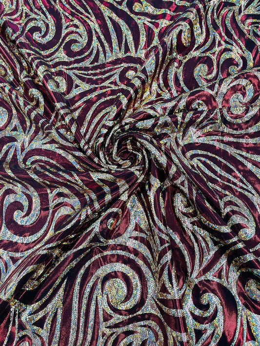 FLAME - Print Poly Spandex Fabric 4 Way Stretch - Sold By The Yard - BURGUNDY/GOLD - Ideal For Dostumes, Dresses, Leggings,