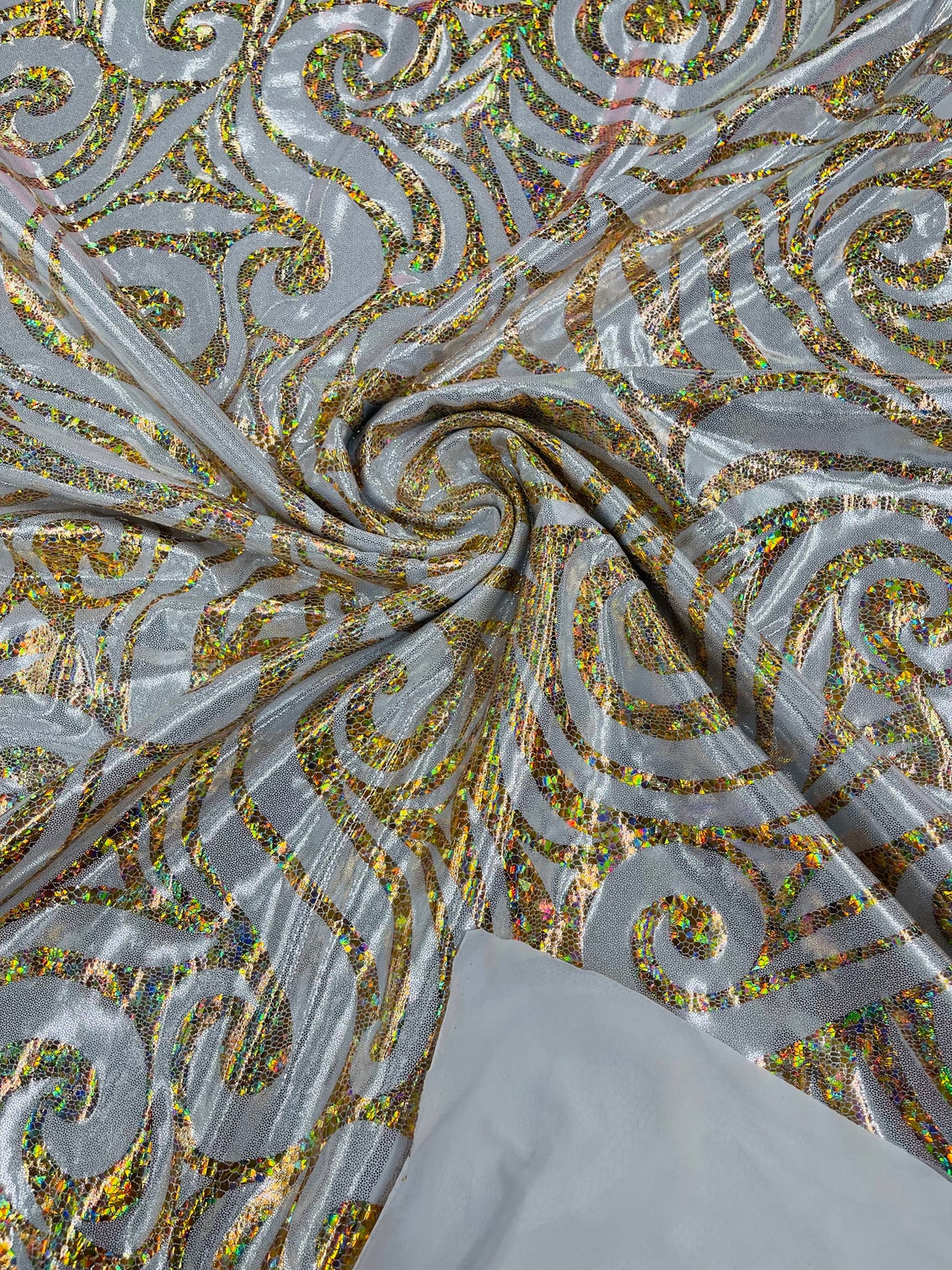 FLAME - Print Poly Spandex Fabric 4 Way Stretch - Sold By The Yard - SILVER/GOLD - Ideal For Dostumes, Dresses, Leggings,