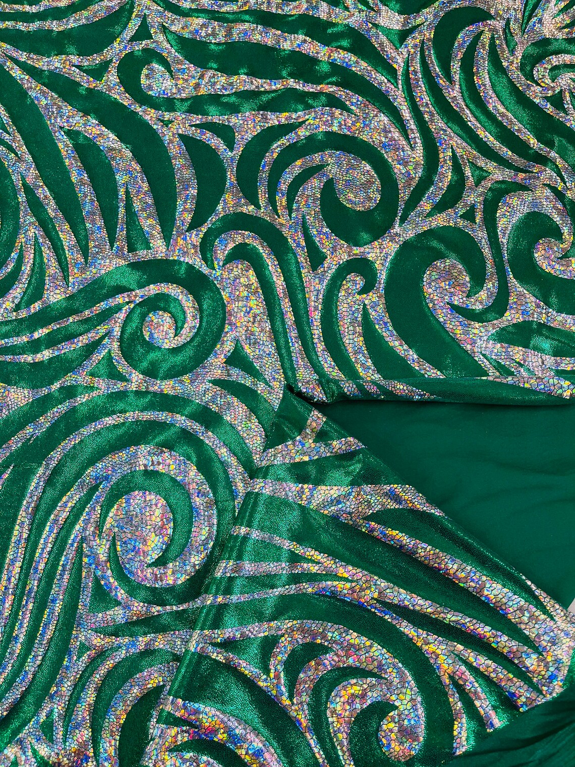 FLAME - Print Poly Spandex Fabric 4 Way Stretch - Sold By The Yard - EMERALD/SILVER - Ideal For Dostumes, Dresses, Leggings,