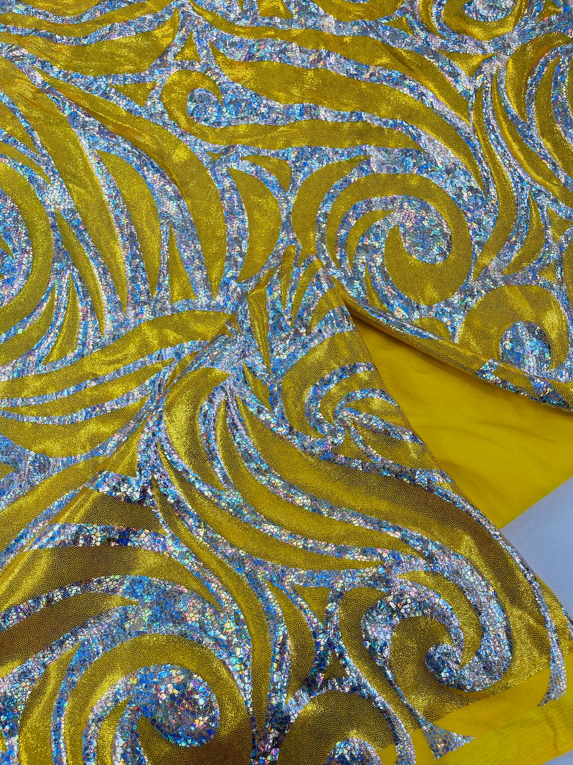 FLAME - Print Poly Spandex Fabric 4 Way Stretch - Sold By The Yard - YELLOW/SILVER - Ideal For Dostumes, Dresses, Leggings,