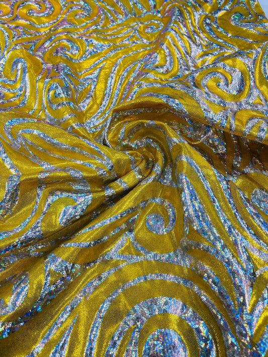 FLAME - Print Poly Spandex Fabric 4 Way Stretch - Sold By The Yard - YELLOW/SILVER - Ideal For Dostumes, Dresses, Leggings,