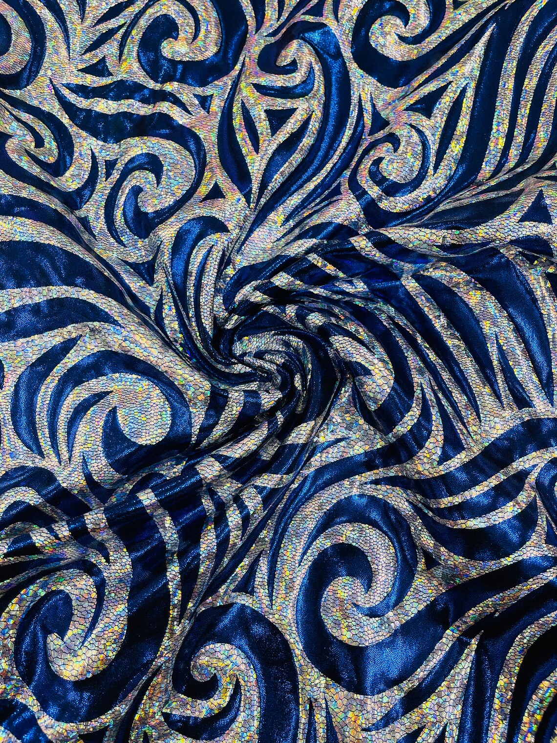 FLAME - Print Poly Spandex Fabric 4 Way Stretch - Sold By The Yard - DK ROYAL/SILVER - Ideal For Dostumes, Dresses, Leggings,