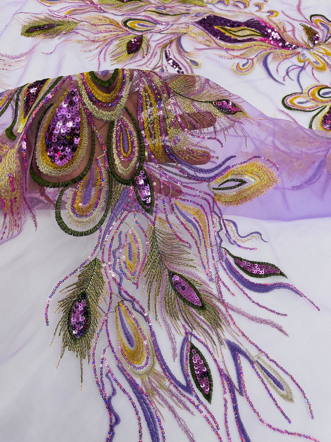 PEACOCK - Feathers Multi Color Embroider Shiny Sequins on a Mesh-Nightgown-Sold By 2 Panels. - LAVENDER/GOLD - For Bridal Weddings Prom & Quinceanera