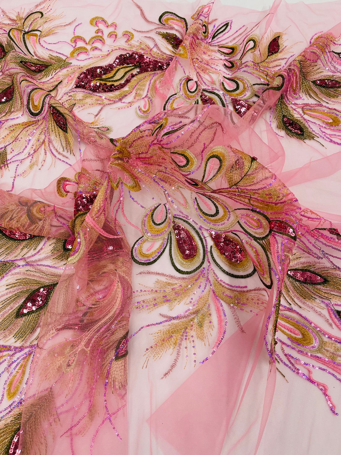 PEACOCK - Feathers Multi Color Embroider Shiny Sequins on a Mesh-Nightgown-Sold By 2 Panels. - PINK/GOLD - For Bridal Weddings Prom & Quinceanera