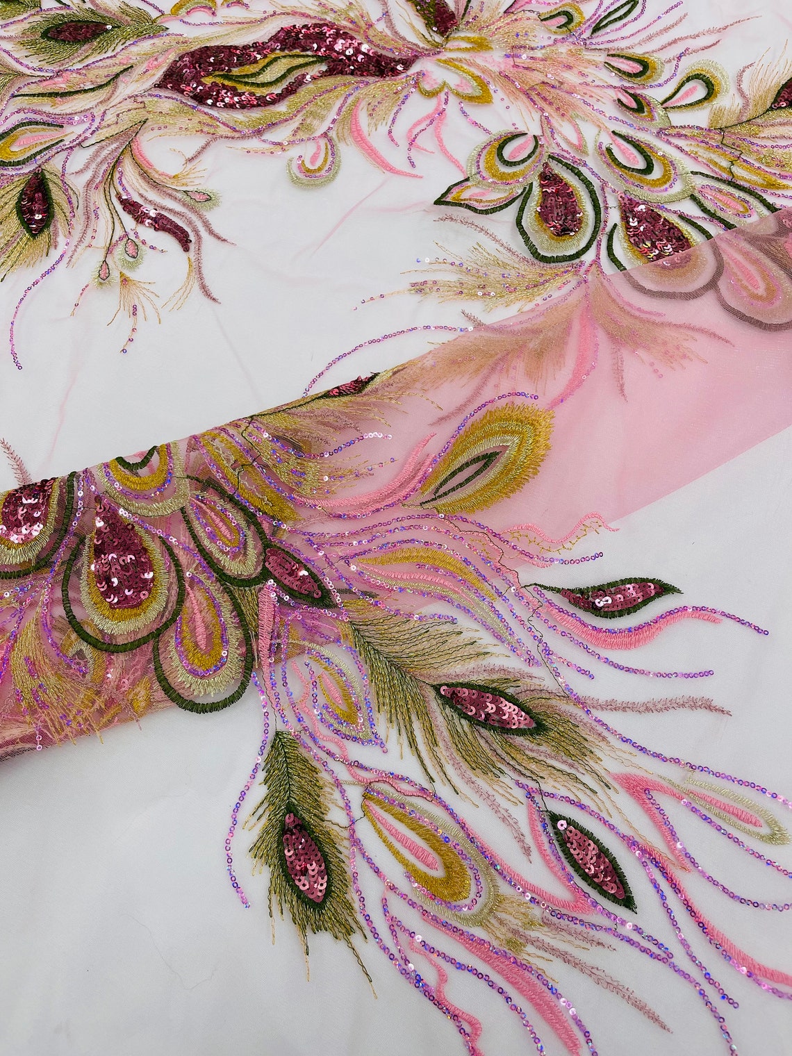 PEACOCK - Feathers Multi Color Embroider Shiny Sequins on a Mesh-Nightgown-Sold By 2 Panels. - PINK/GOLD - For Bridal Weddings Prom & Quinceanera