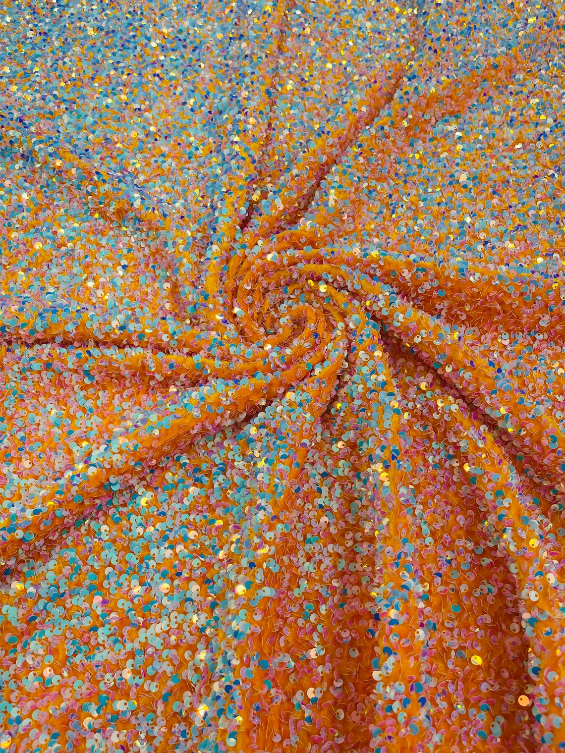 SEQUIN VELVET - Sequins on a Stretch Velvet 2-Way Stretch Sold By The Yard. AQUA ORANGE - For Fashion Dress Evening Dress Prom Quinceanera