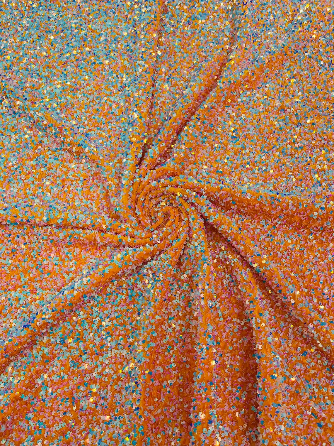 SEQUIN VELVET - Sequins on a Stretch Velvet 2-Way Stretch Sold By The Yard. AQUA ORANGE - For Fashion Dress Evening Dress Prom Quinceanera