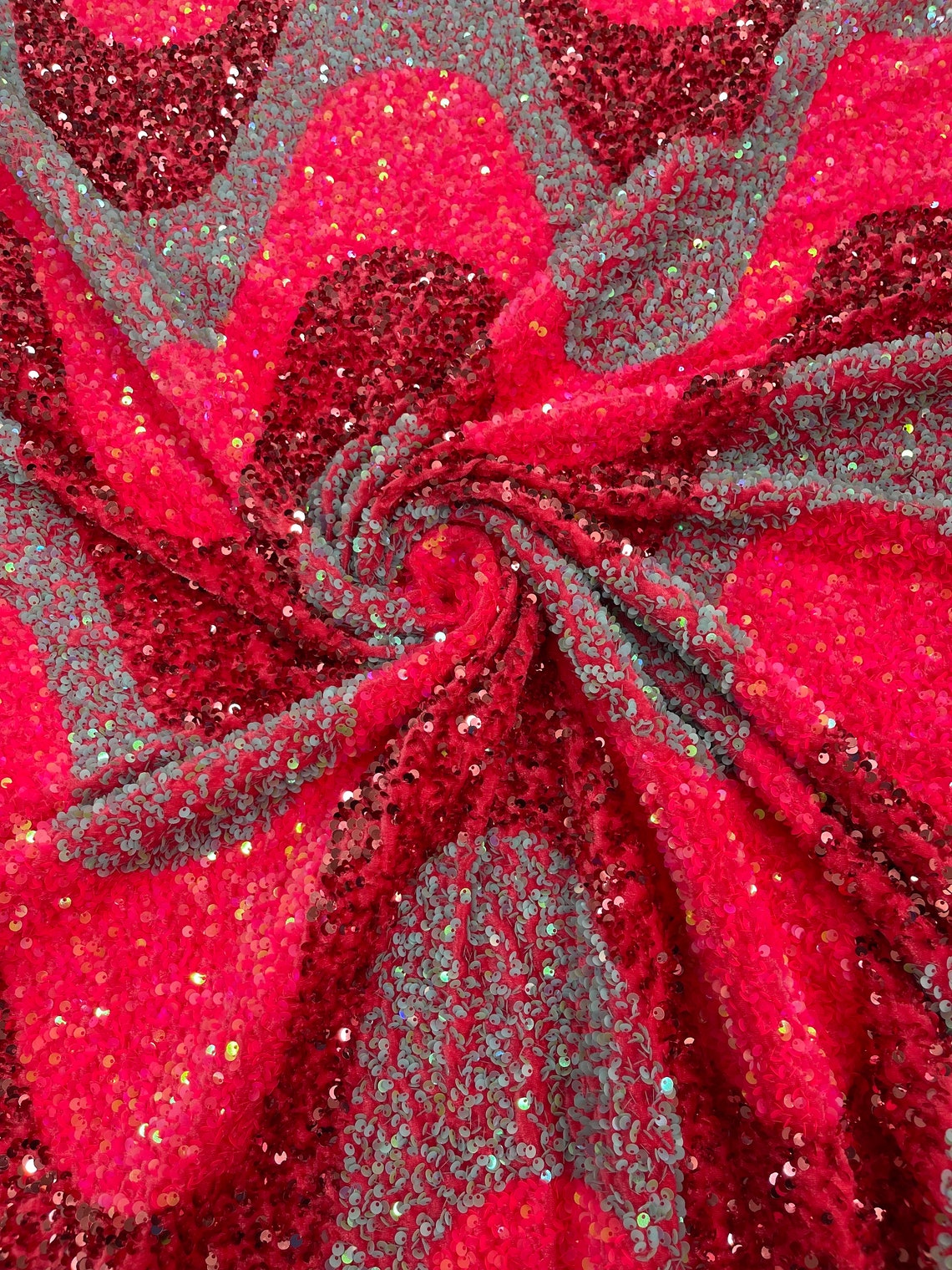 WAVE SEQUIN VELVET - Wave Design  Stretch Velvet All Over 5mm Shining Sequins 2 Way Stretch - HOT PINK/AQUA /FUCHSIA - Sold By The Yard.- For Fashion Dress Evening Dress Prom Quinceanera