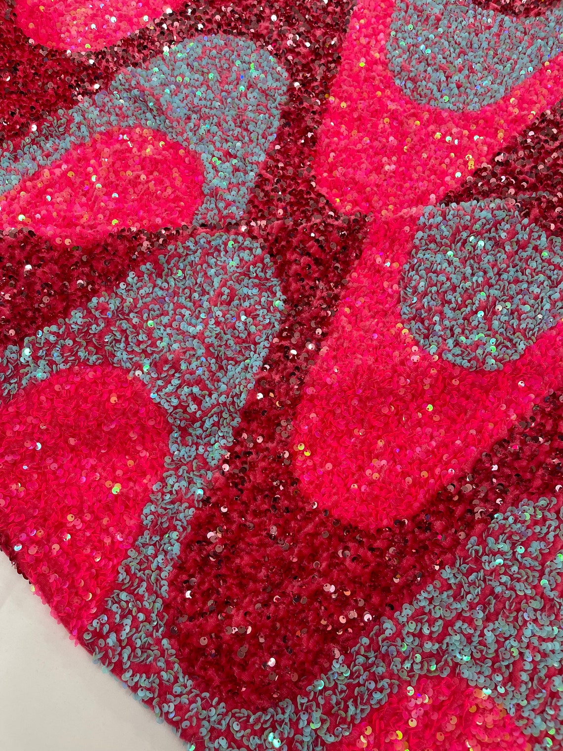 WAVE SEQUIN VELVET - Wave Design  Stretch Velvet All Over 5mm Shining Sequins 2 Way Stretch - HOT PINK/AQUA /FUCHSIA - Sold By The Yard.- For Fashion Dress Evening Dress Prom Quinceanera