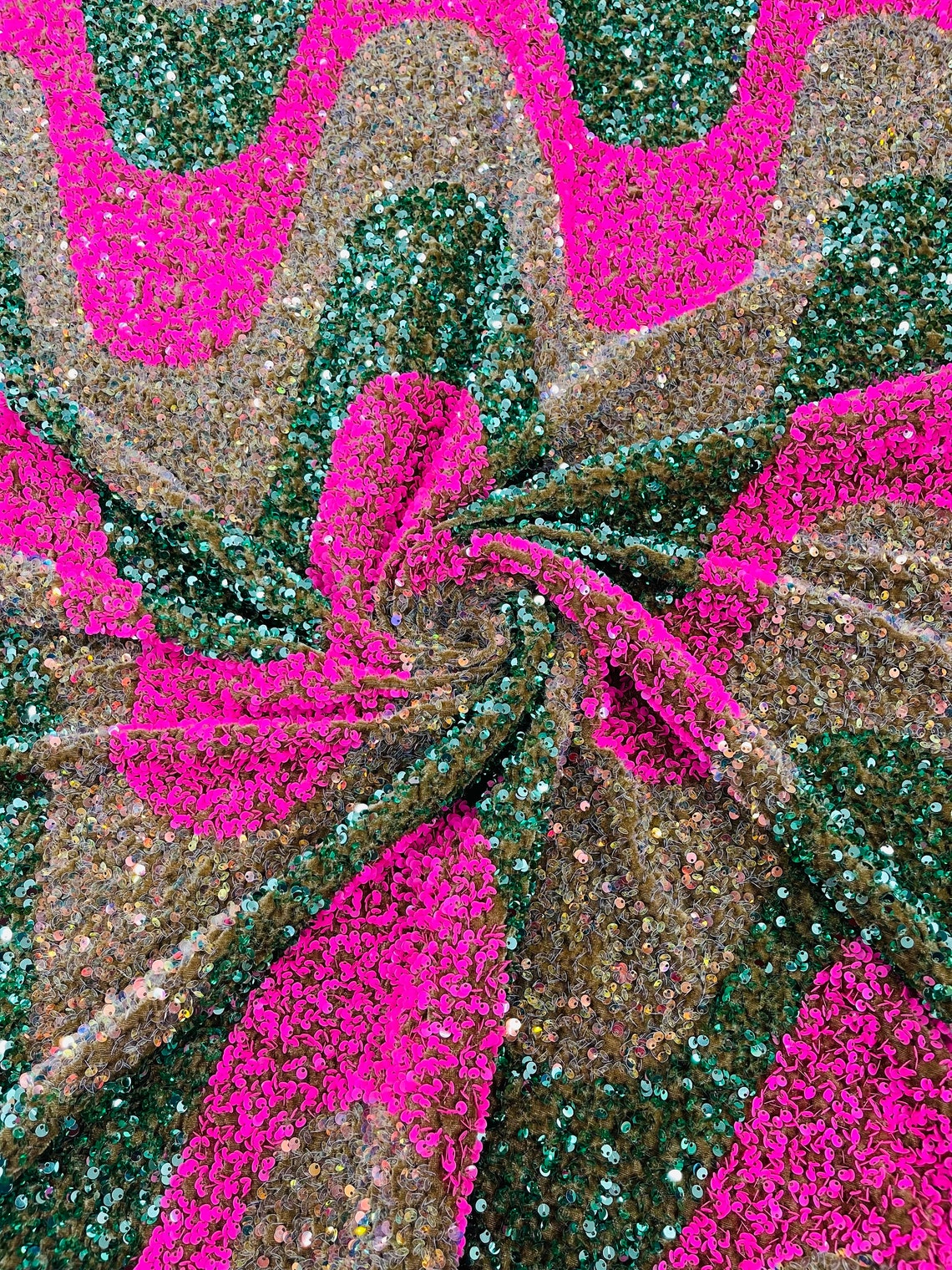 WAVE SEQUIN VELVET - Wave Design  Stretch Velvet All Over 5mm Shining Sequins 2 Way Stretch - HOT PINK/SAGE/CLEAR - Sold By The Yard.- For Fashion Dress Evening Dress Prom Quinceanera