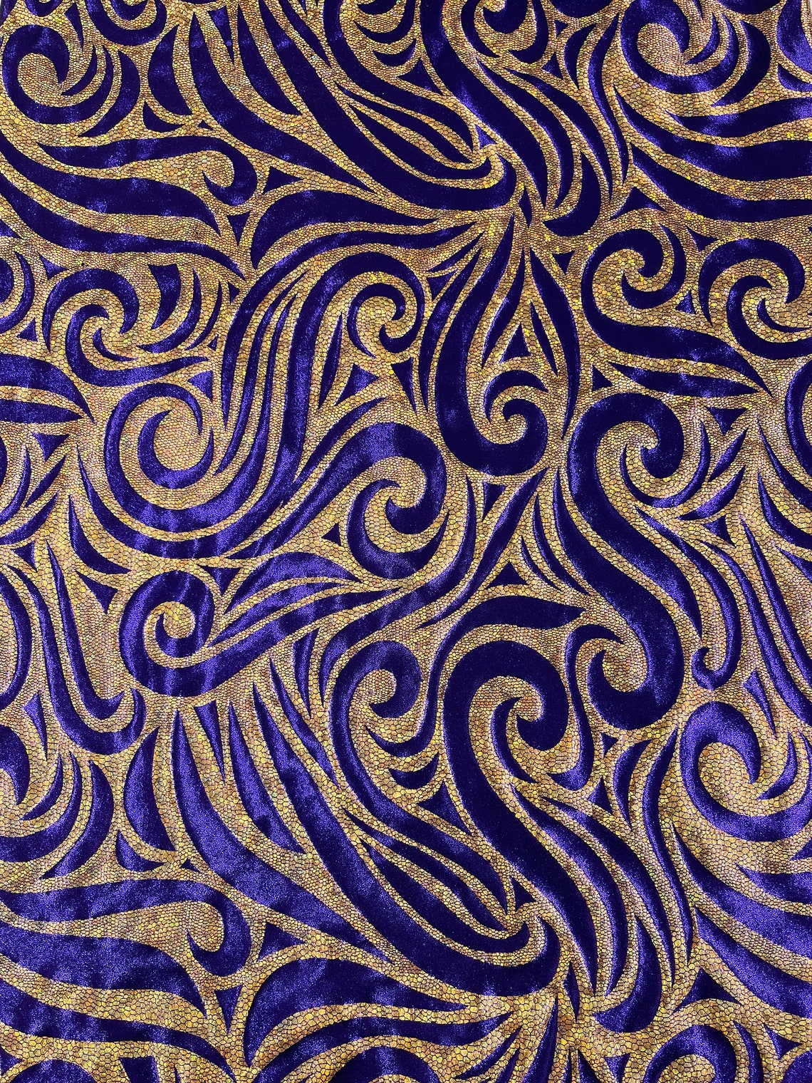 FLAME - Print Poly Spandex Fabric 4 Way Stretch - Sold By The Yard - PURPLE/GOLD - Ideal For Dostumes, Dresses, Leggings,