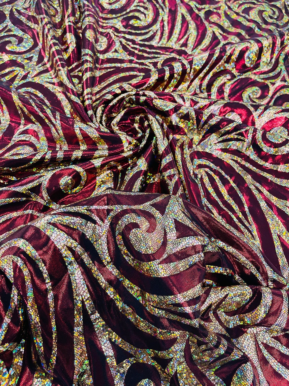 FLAME - Print Poly Spandex Fabric 4 Way Stretch - Sold By The Yard - BURGUNDY/GOLD - Ideal For Dostumes, Dresses, Leggings,