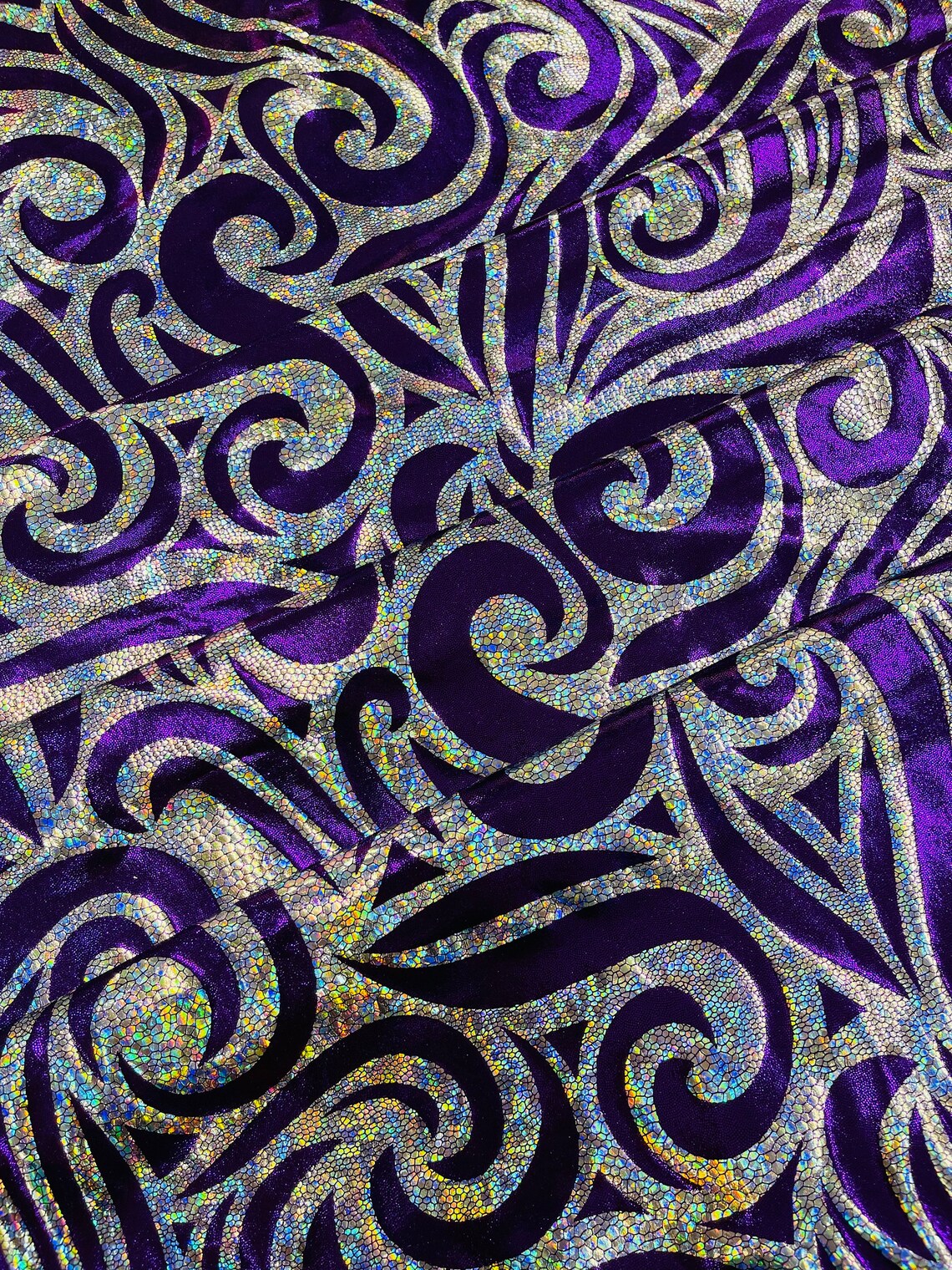 FLAME - Print Poly Spandex Fabric 4 Way Stretch - Sold By The Yard - PURPLE/SILVER - Ideal For Dostumes, Dresses, Leggings,