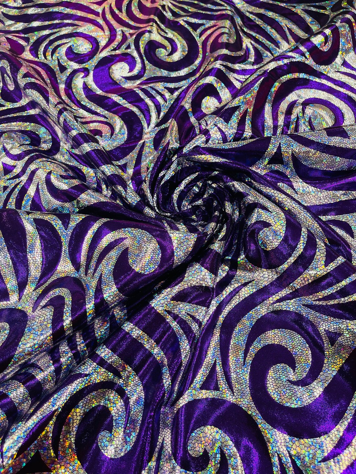 FLAME - Print Poly Spandex Fabric 4 Way Stretch - Sold By The Yard - PURPLE/SILVER - Ideal For Dostumes, Dresses, Leggings,