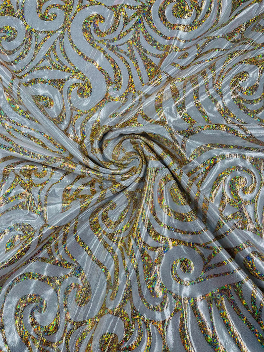 FLAME - Print Poly Spandex Fabric 4 Way Stretch - Sold By The Yard - SILVER/GOLD - Ideal For Dostumes, Dresses, Leggings,