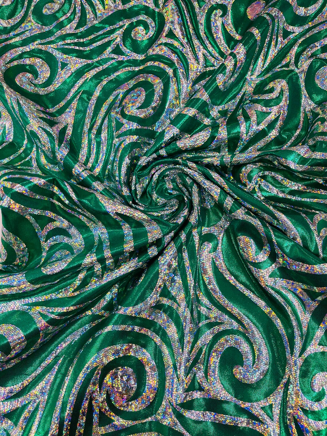 FLAME - Print Poly Spandex Fabric 4 Way Stretch - Sold By The Yard - EMERALD/SILVER - Ideal For Dostumes, Dresses, Leggings,