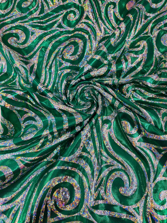 FLAME - Print Poly Spandex Fabric 4 Way Stretch - Sold By The Yard - EMERALD/SILVER - Ideal For Dostumes, Dresses, Leggings,