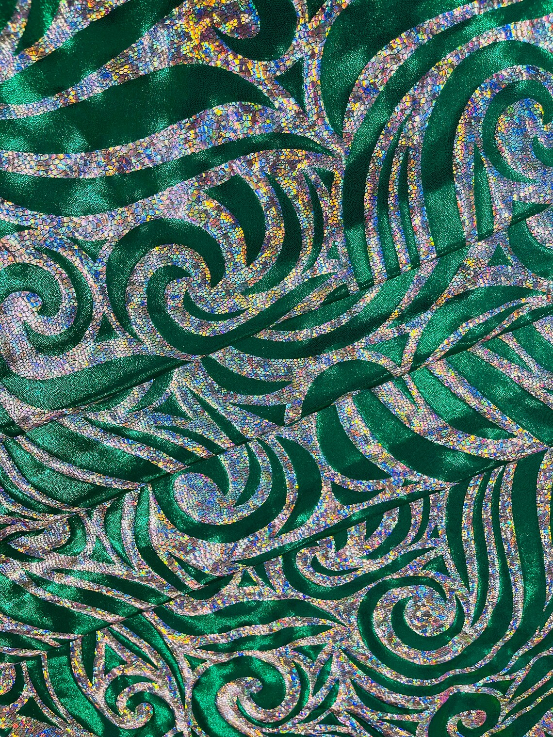 FLAME - Print Poly Spandex Fabric 4 Way Stretch - Sold By The Yard - EMERALD/SILVER - Ideal For Dostumes, Dresses, Leggings,