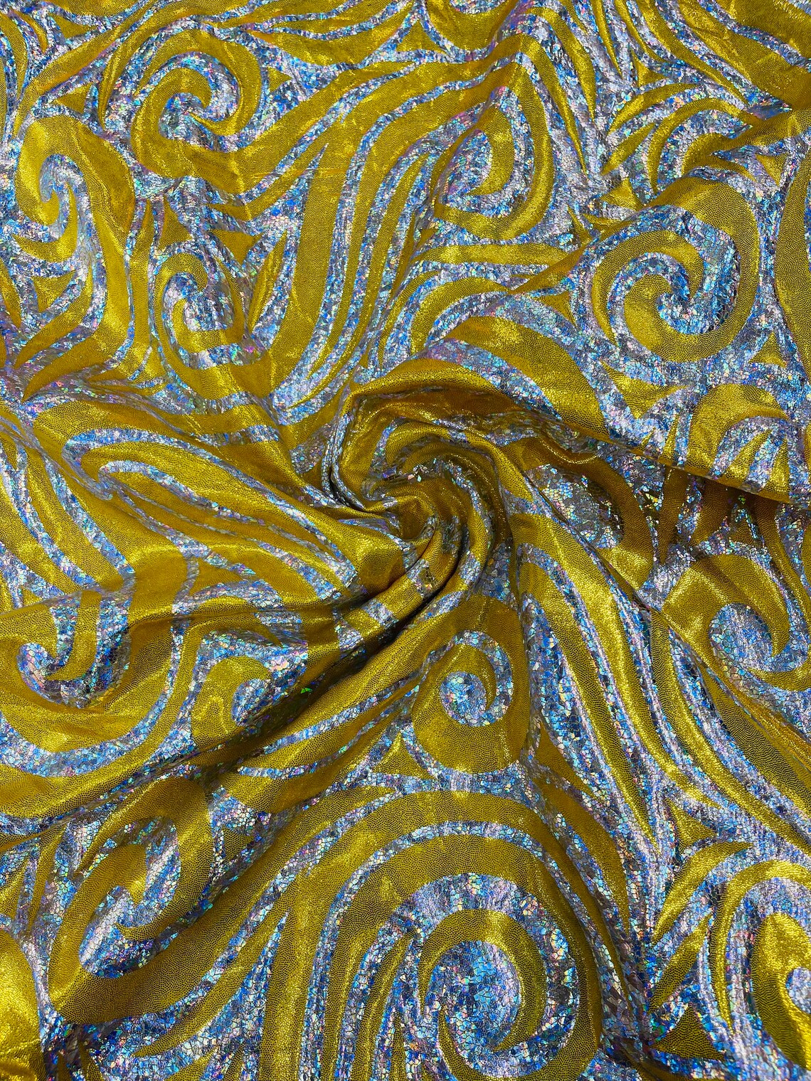 FLAME - Print Poly Spandex Fabric 4 Way Stretch - Sold By The Yard - YELLOW/SILVER - Ideal For Dostumes, Dresses, Leggings,