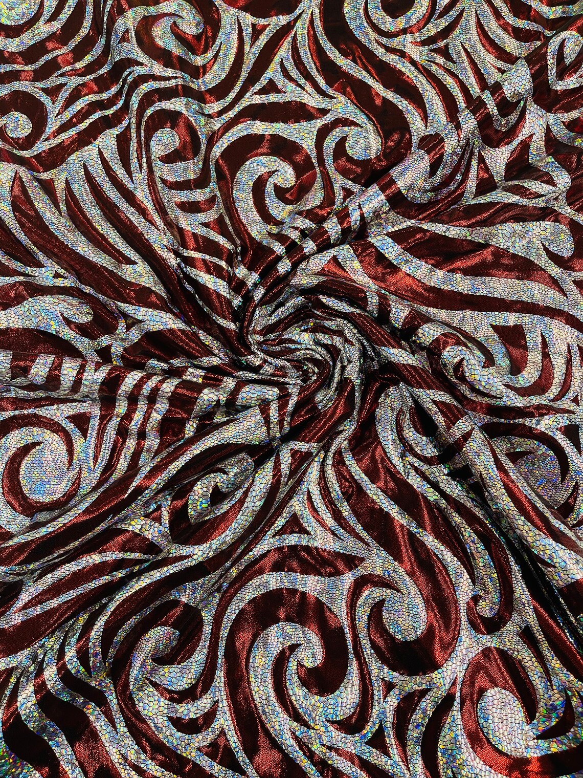 FLAME - Print Poly Spandex Fabric 4 Way Stretch - Sold By The Yard - BURGUNDY/SILVER - Ideal For Dostumes, Dresses, Leggings,